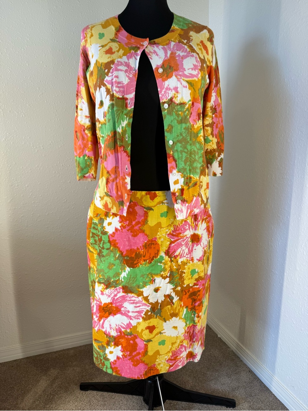 Floral Print Pencil Skirt in Pink, Green & Yellow vintage inspired set